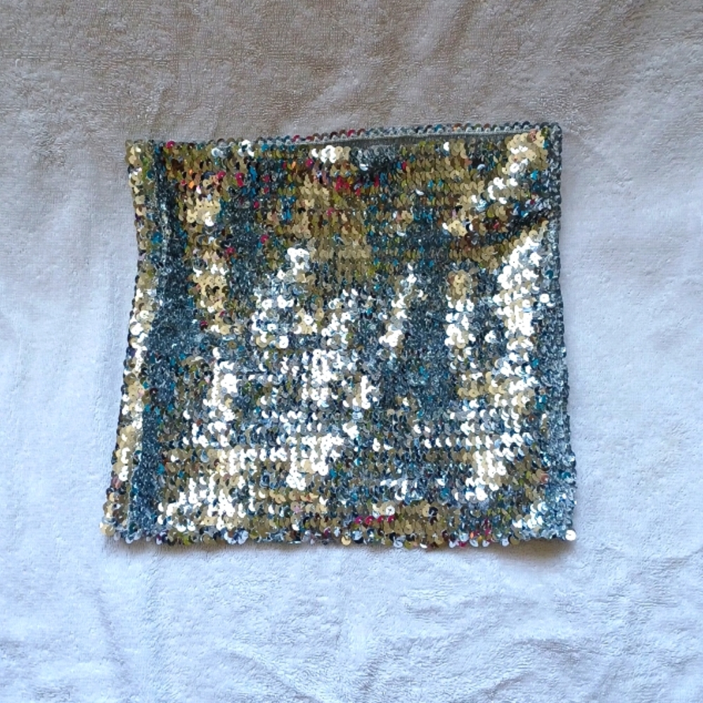 Silver sequin tube top/ mini skirt sz XS Small waist cincher rave festival party
